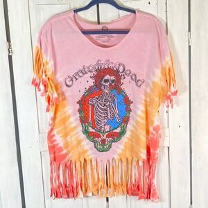 Grateful Dead Mad Engine Pink Tie Dye Fringe Graphic T-Shirt Womens L Band Tee